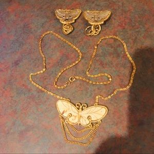 BOGO Butterfly necklace and clip earrings I. gold tone, silver and enamel